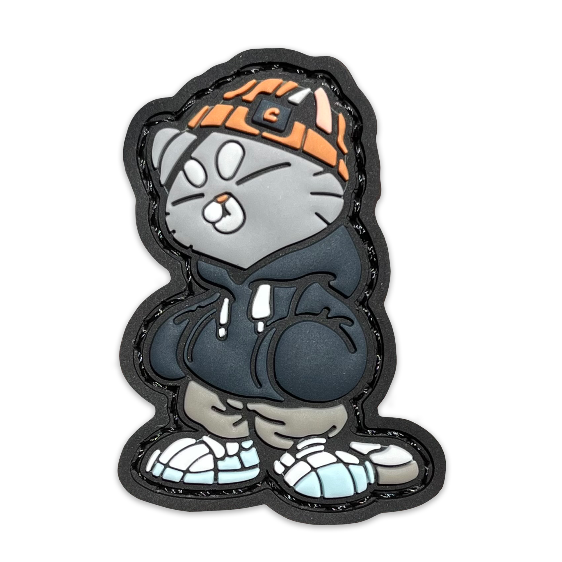 Hoodie Cato Patch PVC ranger eye morale patch of a gray cat in an orange beanie and gray hoodie.