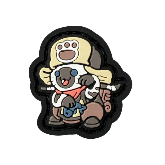 Ranger eye pvc morale patch of a character holding a fish in a lucky cat maneki neko pose