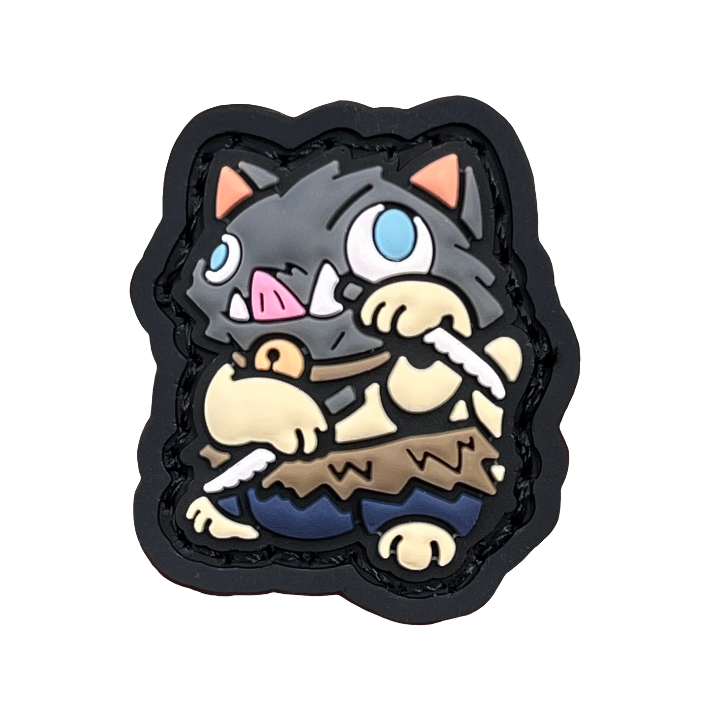 Inosuke Neko RE PVC ranger eye morale patch of demon slayer boar character in a lucky cat maneki-neko pose.