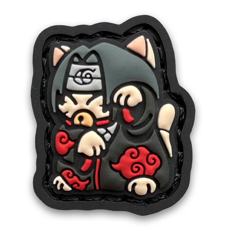 Itachi Neko RE PVC ranger eye morale patch of an anime character in a robe with red clouds in a lucky cat maneki-neko pose.