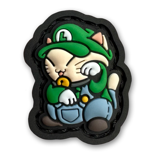 Italian Plumber 2 Neko RE PVC ranger eye morale patch of a cartoon character with a green hat and overalls sitting in a lucky cat maneki-neko pose.