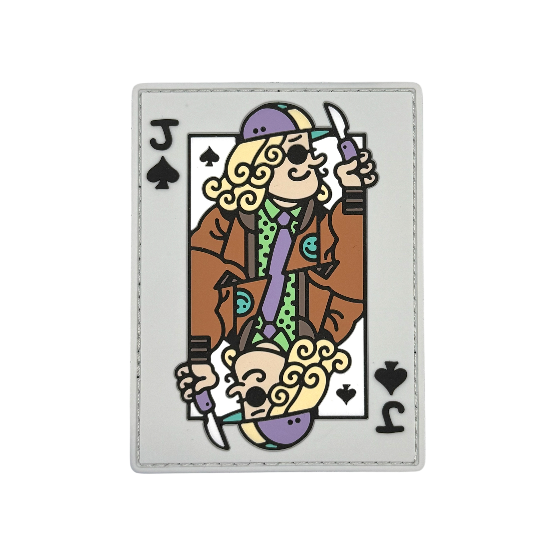 Jack of Spades Patch depicting playing card featuring a blond guy in a baseball cap holding a knife.