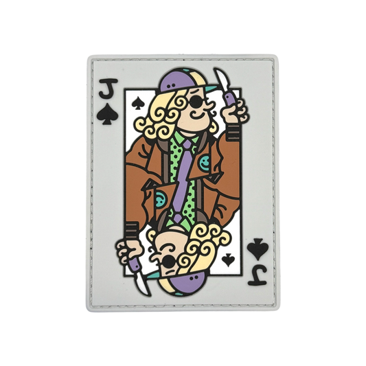 Jack of Spades Patch depicting playing card featuring a blond guy in a baseball cap holding a knife.