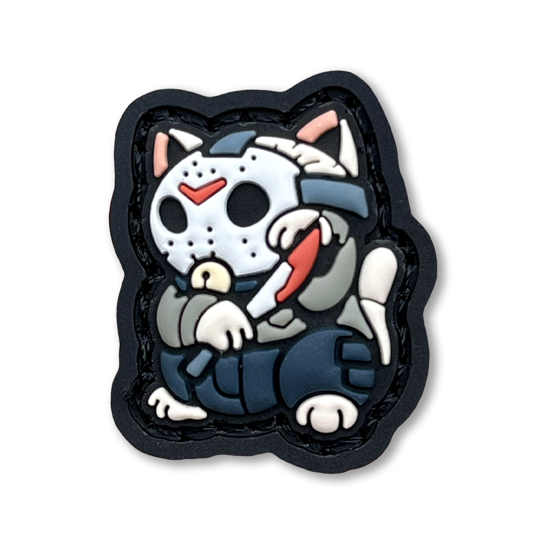 Jason Neko RE PVC ranger eye morale patch of a character wearing a hockey mask and wielding a knife sitting in a lucky cat maneki-neko pose.