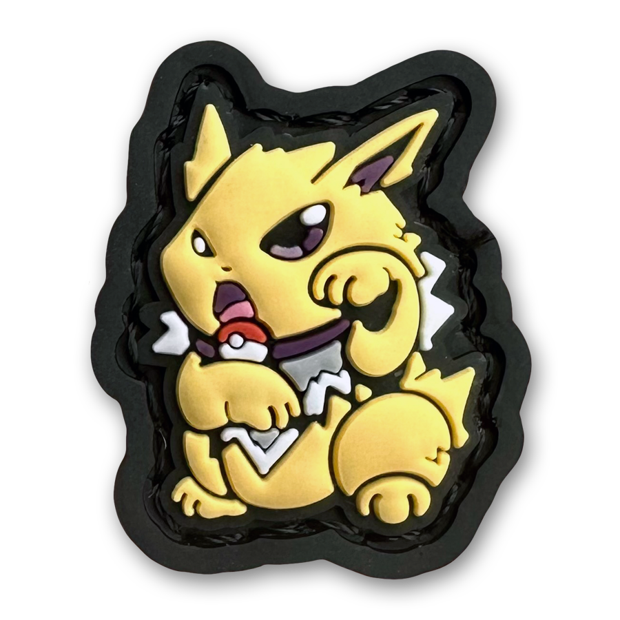 Jolteon Neko RE PVC ranger eye morale patch of a yellow monster anime character sitting in a lucky cat maneki-neko pose.
