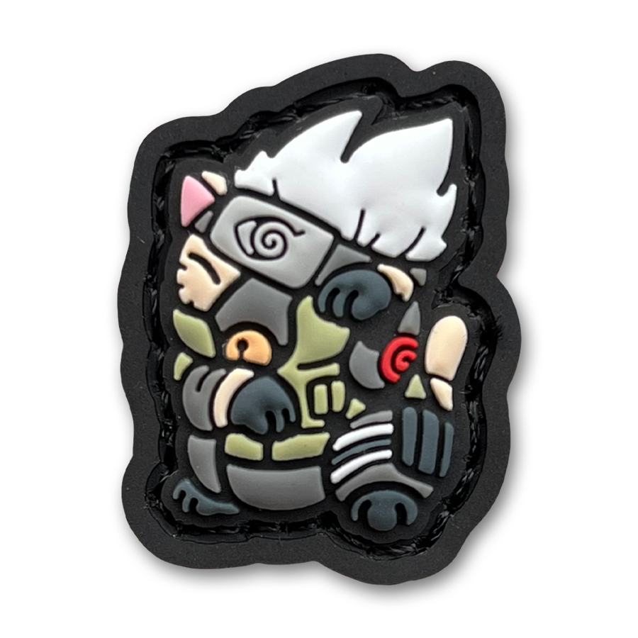 Kakashi Neko RE PVC ranger eye morale patch of an anime character with a face mask and white hair in a lucky cat maneki-neko pose.