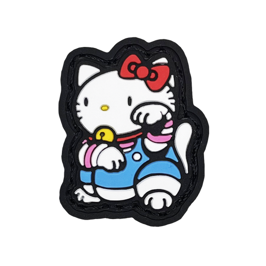 Kawaii Neko RE PVC ranger eye morale patch of a white cat wearing a red bowtie and blue clothes sitting in a lucky cat maneki-neko pose.
