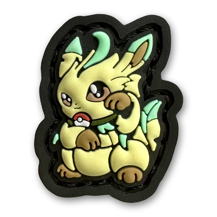 Leafeon Neko RE PVC ranger eye morale patch of a green monster sitting in a lucky cat maneki-neko pose.
