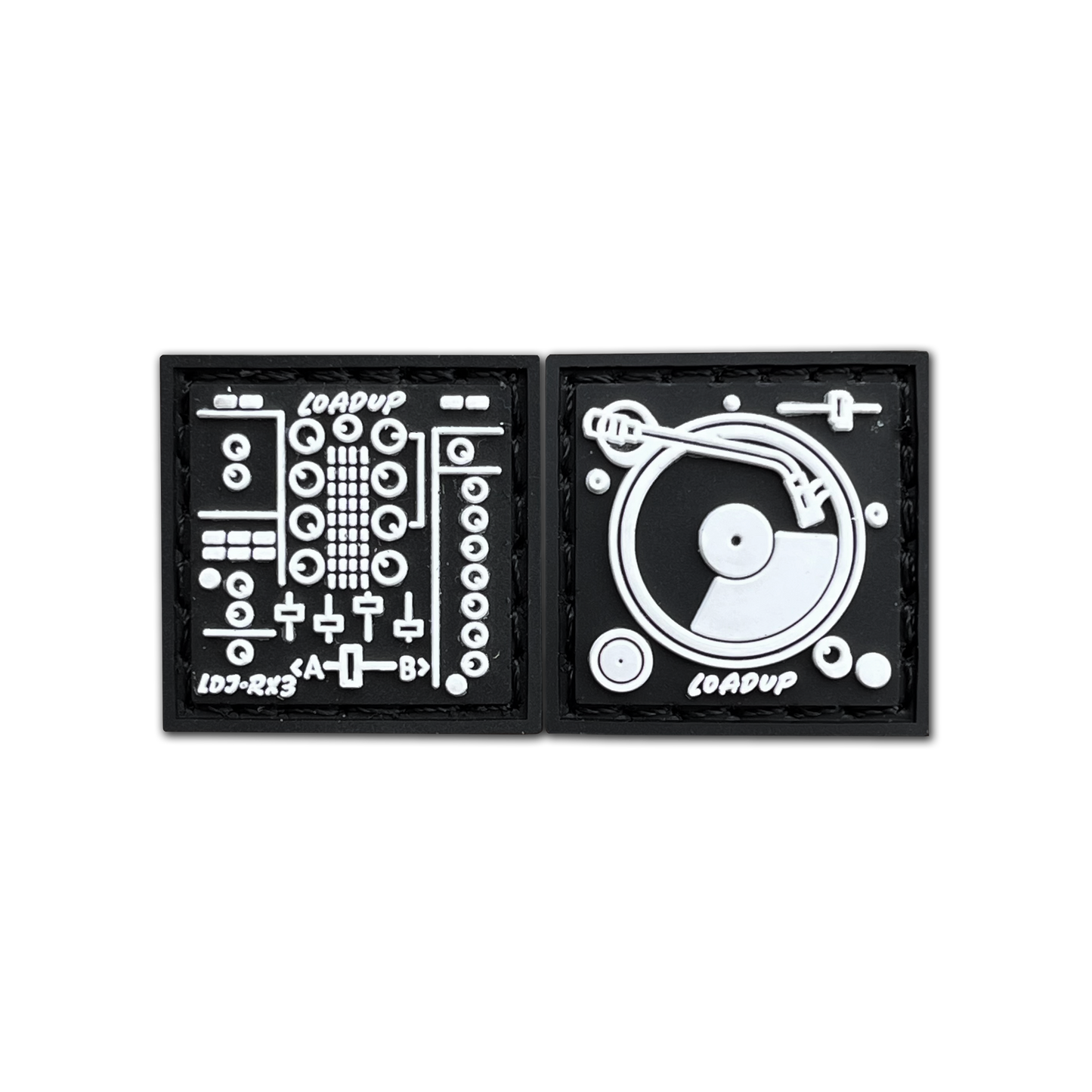 LOADUP DJ RE Set black and white square patches of a DJ mixing board and turntable.