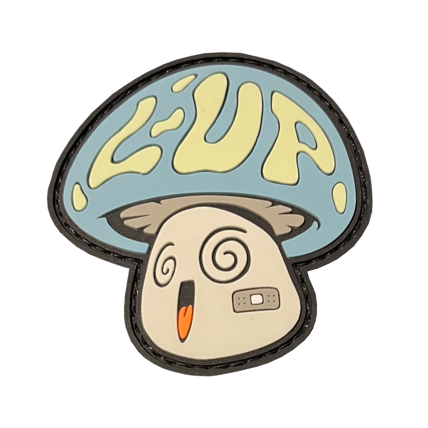 LoadUp Mushroom RE PVC ranger eye morale patch - A mushroom character with the letters "L-UP" on the cap. Has swirly eyes, open smiling mouth, and a band-aid on its cheek. Cap is blue, L-UP is yellow, face is gray.