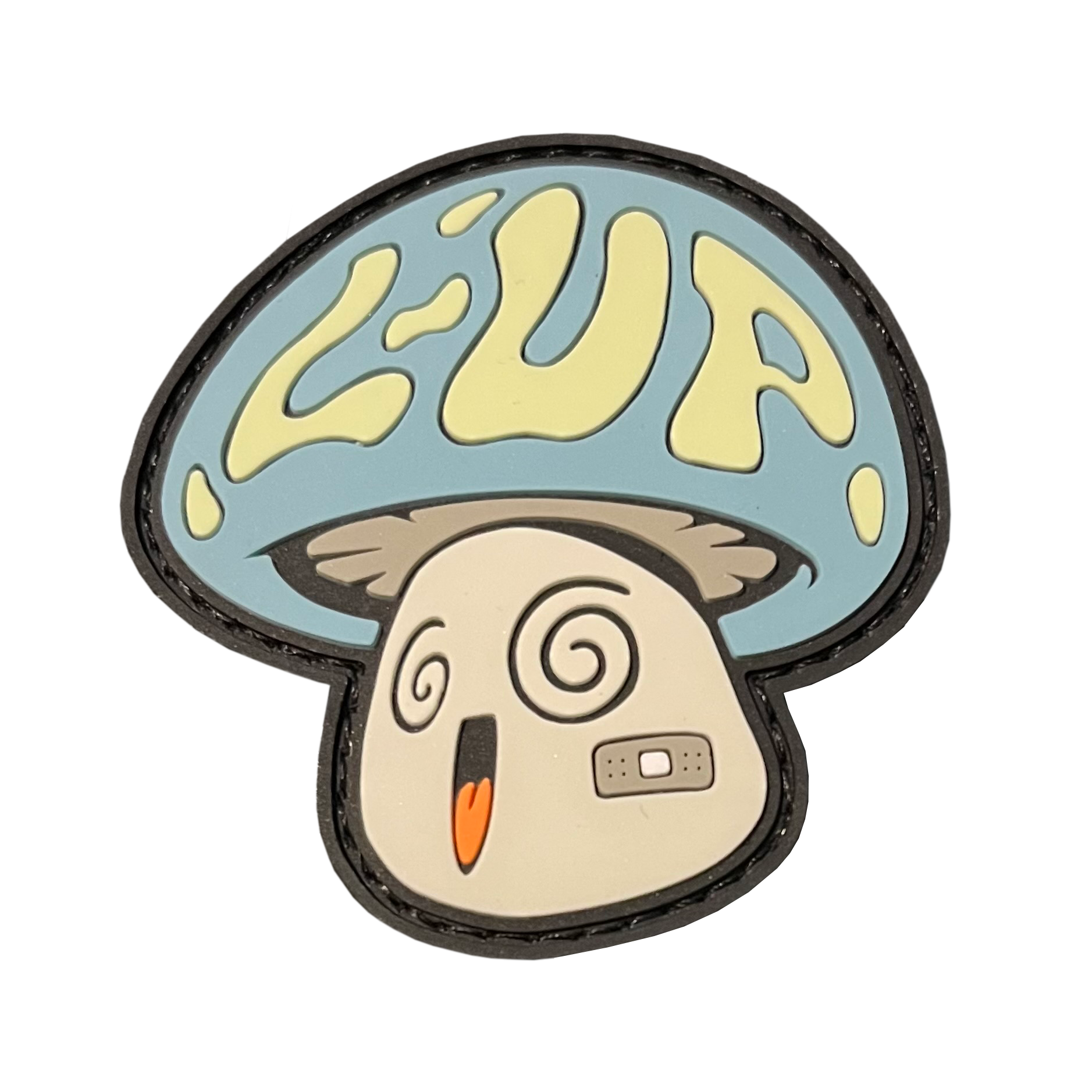 LoadUp Mushroom RE PVC ranger eye morale patch - A mushroom character with the letters "L-UP" on the cap. Has swirly eyes, open smiling mouth, and a band-aid on its cheek. Cap is blue, L-UP is yellow, face is gray.