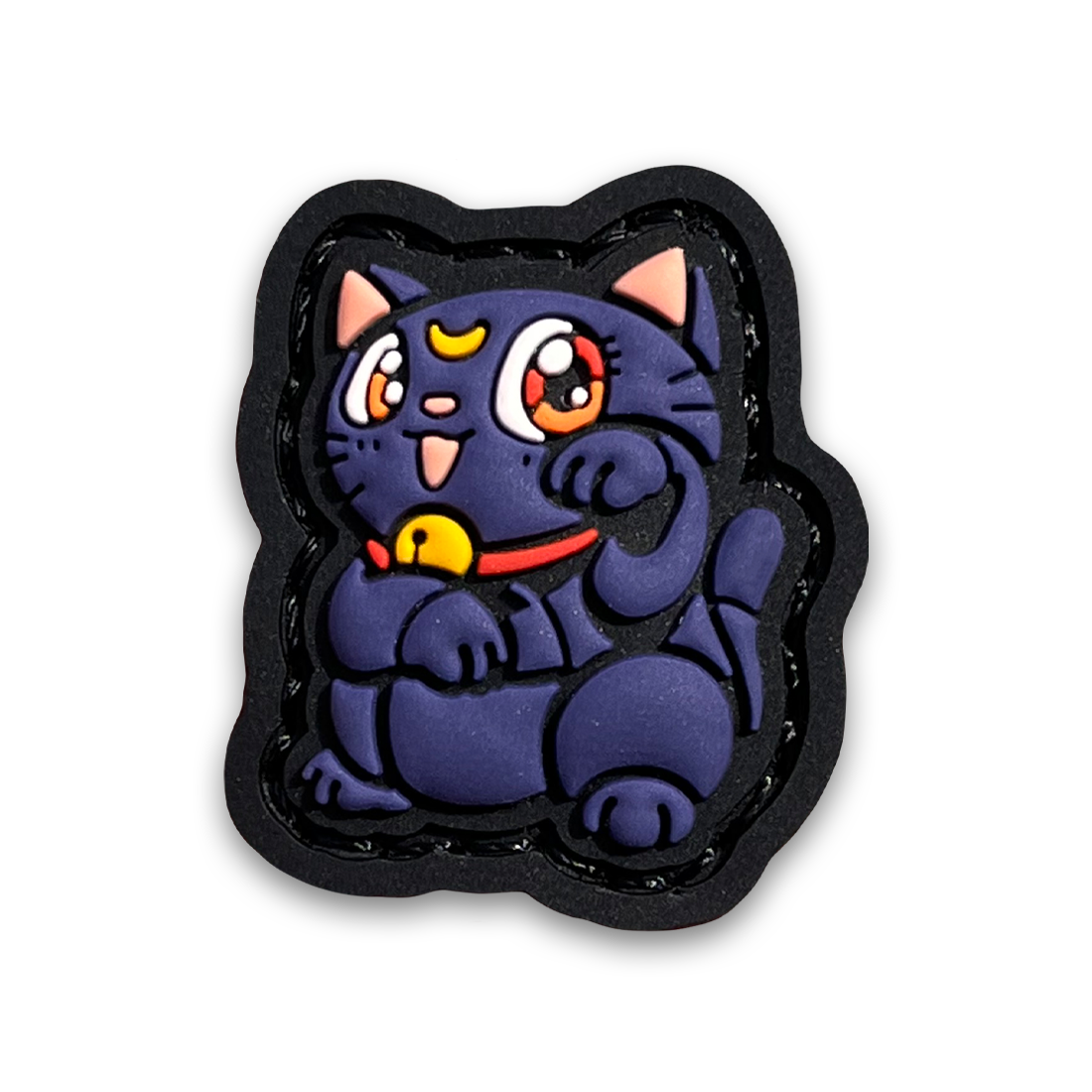 Luna Neko RE PVC ranger eye morale patch of a purple cat with a crescent moon mark on its forehead sitting in a lucky cat maneki-neko pose.