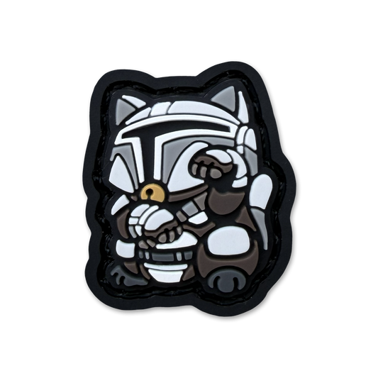Mando Neko RE ranger eye pvc morale patch of a character with a gray helmet in a lucky cat maneki neko pose
