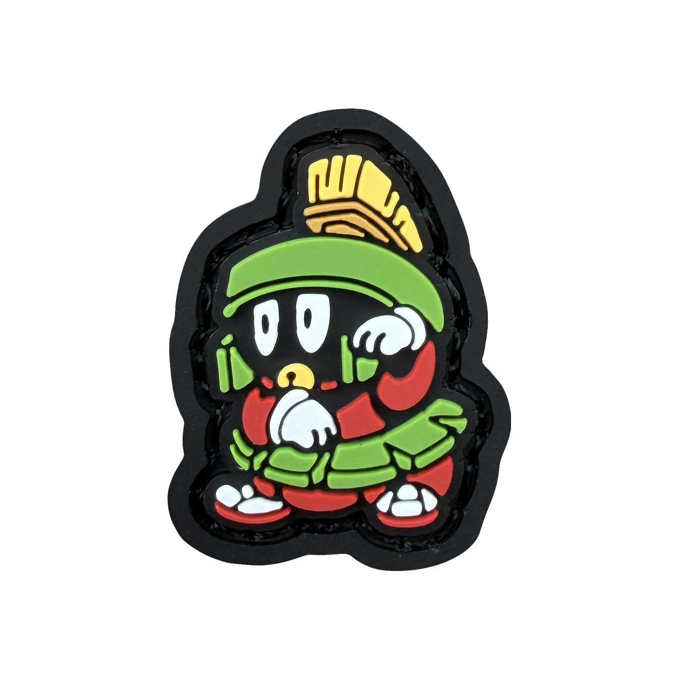 Martian Neko RE ranger eye PVC morale patch of a red and green character in a lucky cat maneki neko pose.