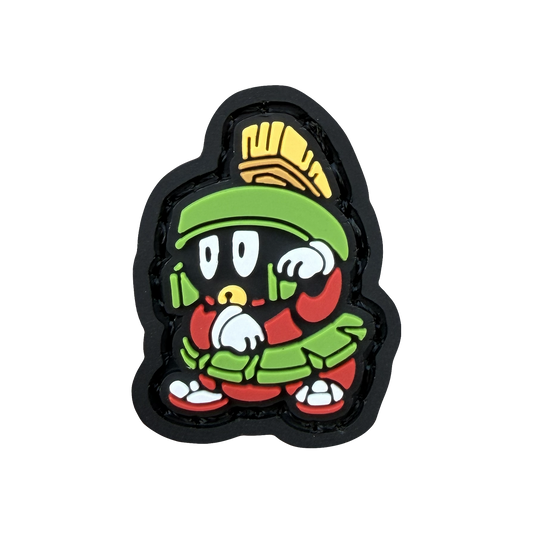 Martian Neko RE ranger eye PVC morale patch of a red and green character in a lucky cat maneki neko pose.