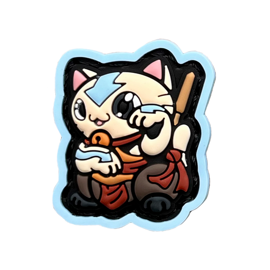 Master of Elements Neko RE PVC ranger eye velcro patch of a cartoon character with a blue arrow sitting in a lucky cat maneki-neko pose.