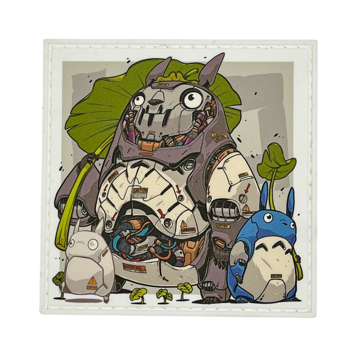 Mechasoul Totoro Patch Cartoon illustration of a large mechanical creature with smaller creatures around it on a light gray background