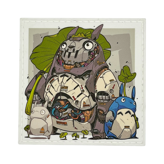 Cartoon illustration of a large creature with smaller creatures around it on a light gray background
