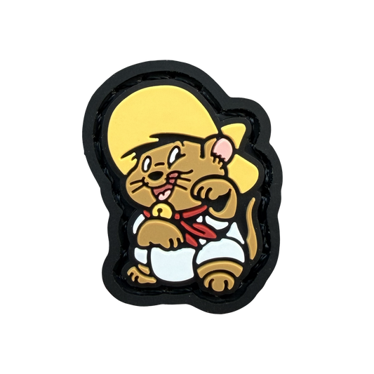 Mexican Mouse Neko RE ranger eye pvc morale patch of a mouse wearing a yellow hat in a lucky cat maneki neko pose