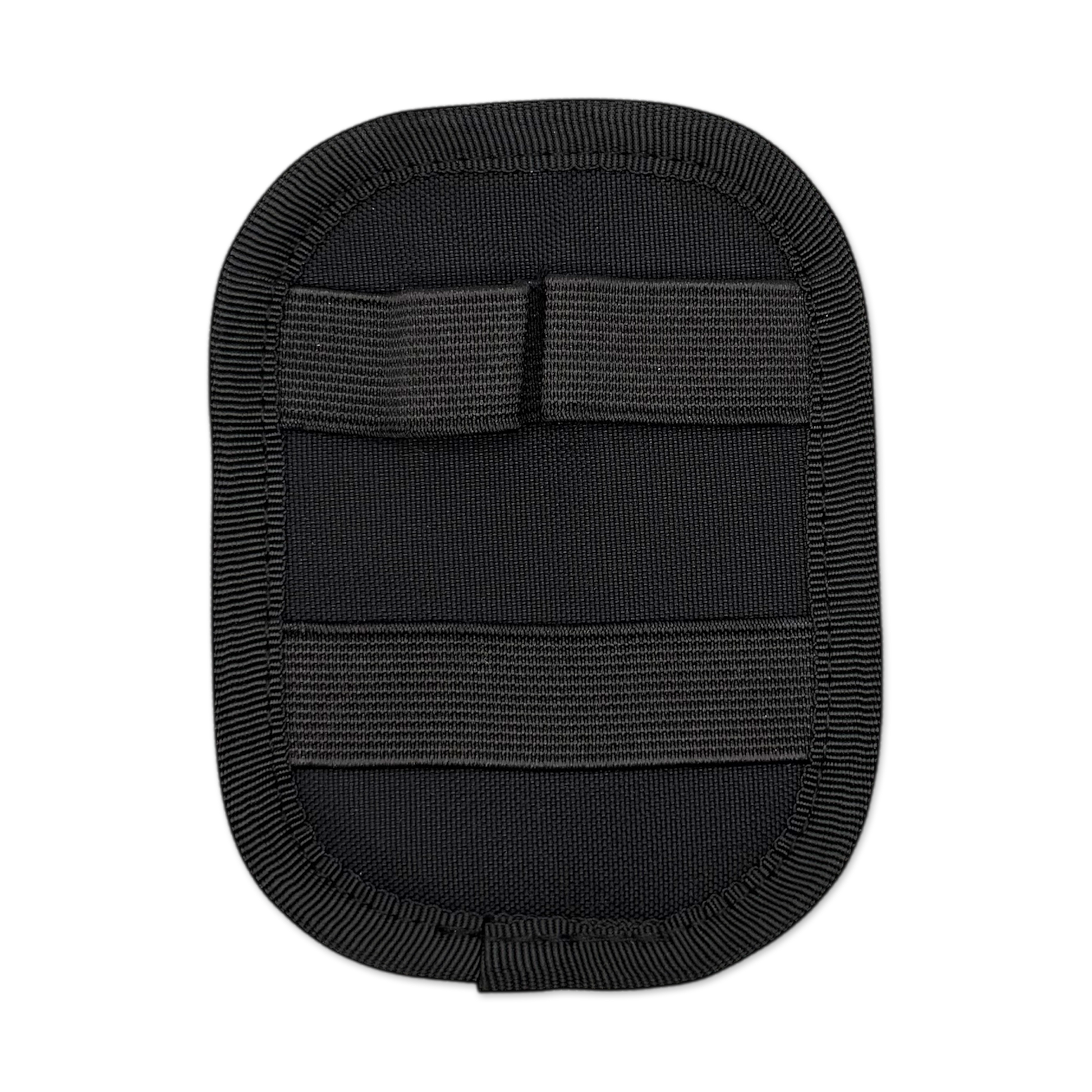 A black flat pad showcasing two elastic loops on top and a large elastic loop on bottom.