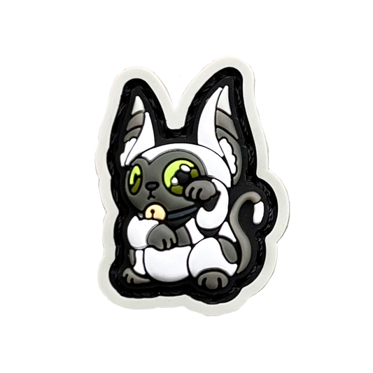 Momo Neko RE PVC ranger eye morale patch of a white lemur cartoon character sitting in a lucky cat maneki-neko pose.