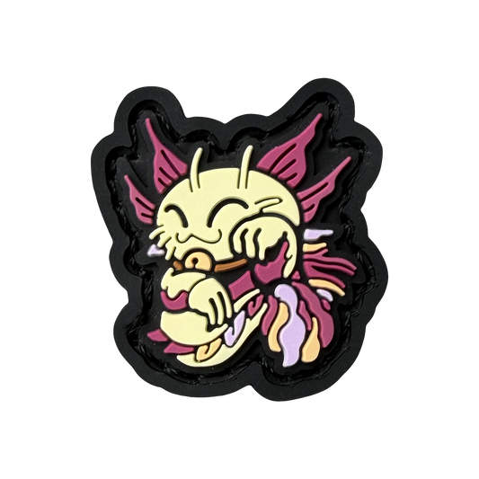 Ranger eye pvc morale patch of a purple and yellow monster in a lucky cat maneki neko pose