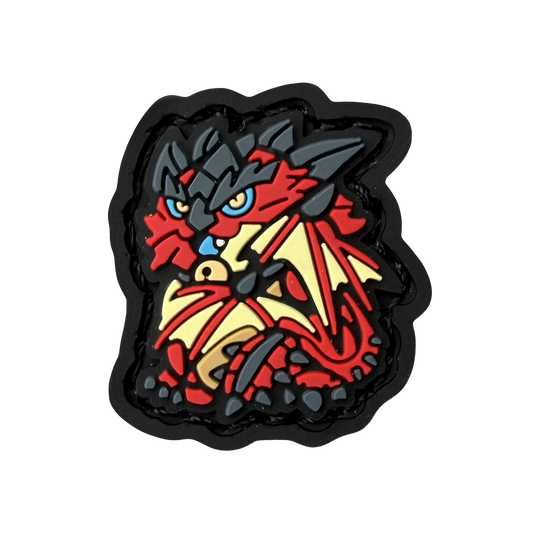Ranger eye pvc morale patch of a  Colorful dragon-like creature with red, black, and yellow colors in a lucky cat maneki neko pose