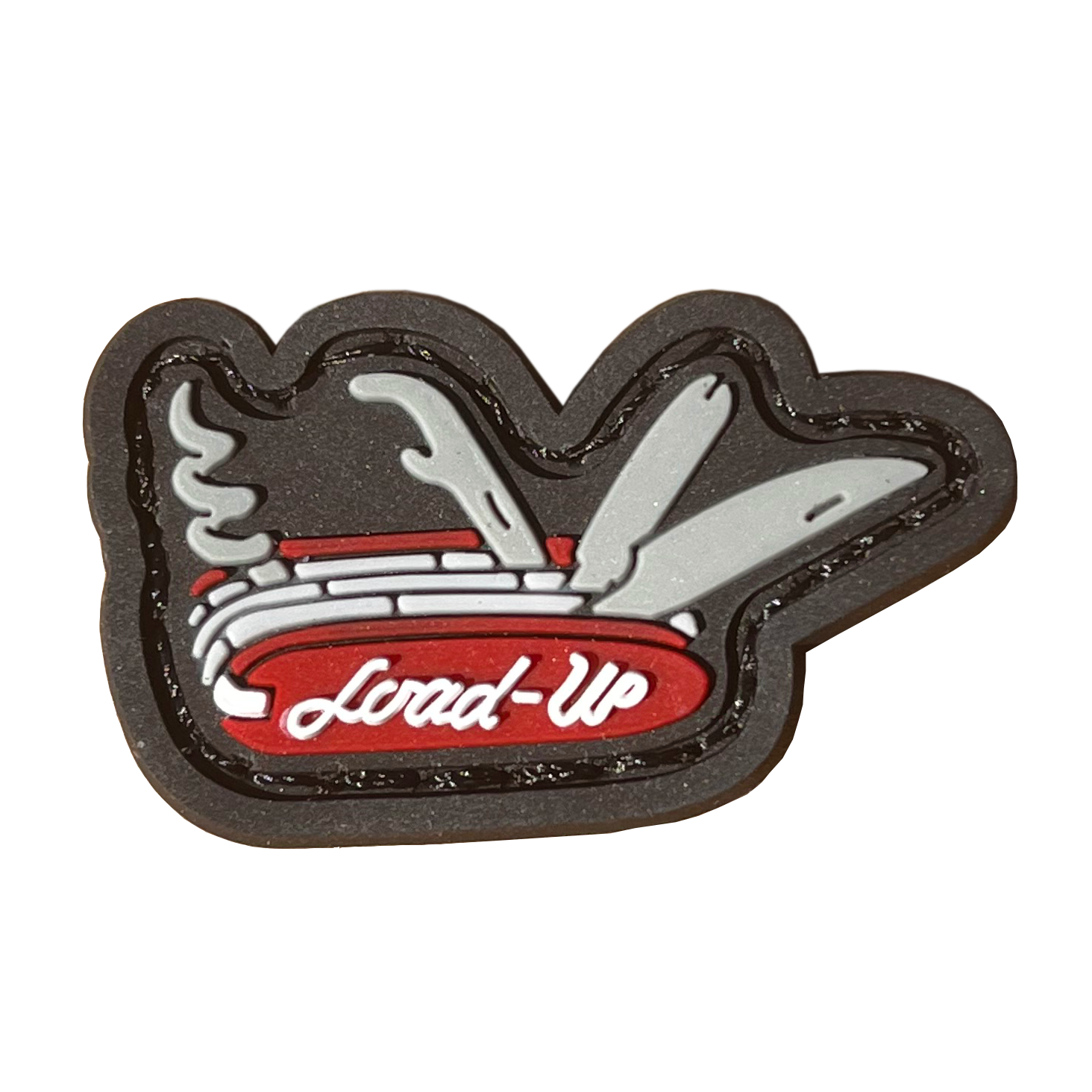 A red and gray patch resembling a swiss army knife multitool; a screw, pry bar, and knife stick up.the word 'Load-Up' is written on the knife.