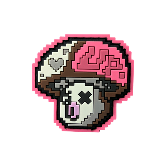 Pixelated mushroom character with a pink hat on a white background