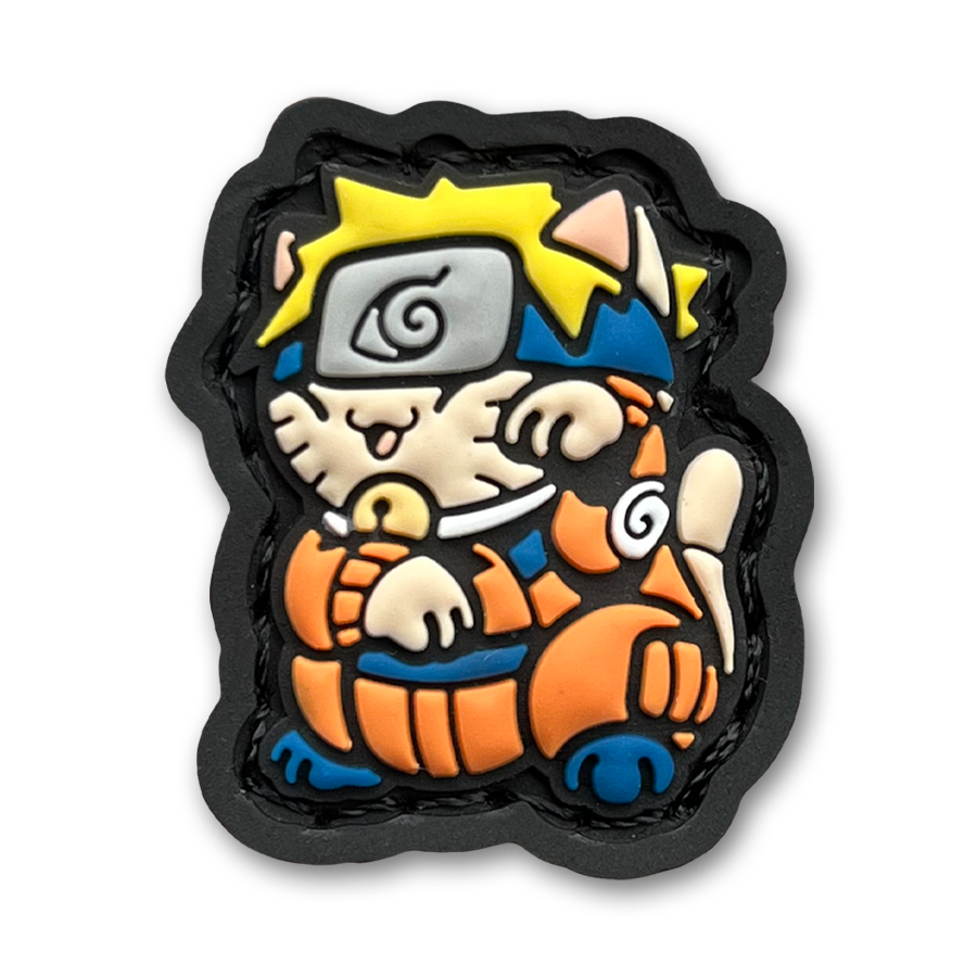 Naruto Neko RE of a blond anime cartoon character in orange jumpsuit sitting in a lucky cat maneki-neko pose.