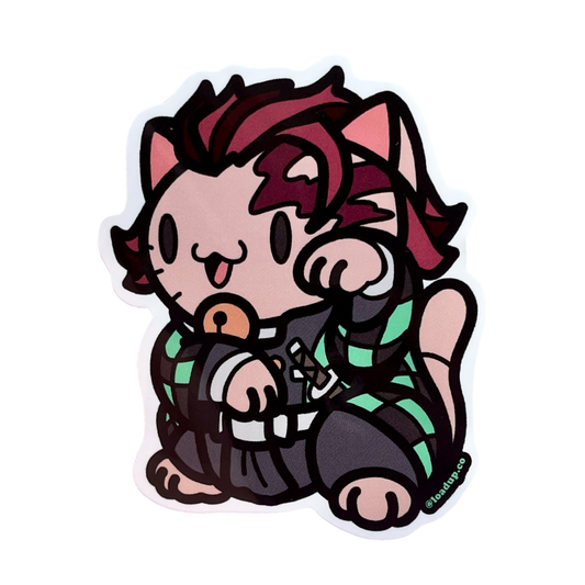 Neko 11 Sticker of a cartoon character with red hair and black and green clothes in a lucky cat maneki-neko pose.