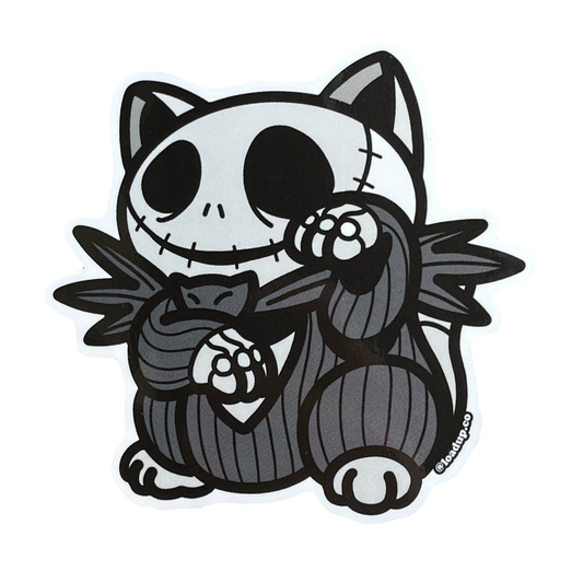 Neko 13 Sticker of a skeleton character wearing a suit in a lucky cat maneki-neko  pose.