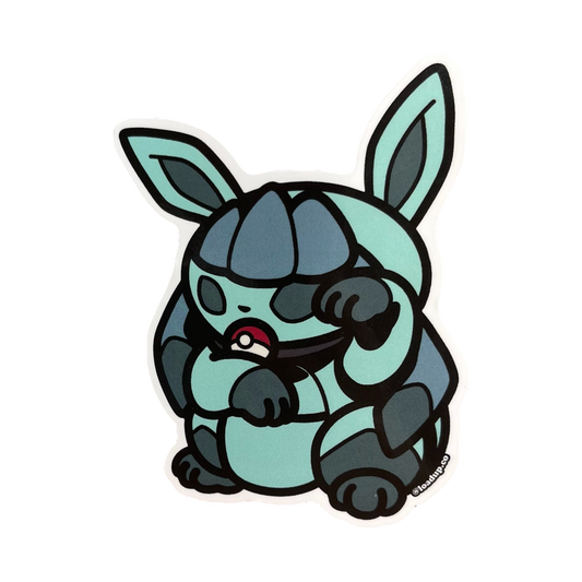 Neko 15 Sticker of a blue monster cartoon character in a lucky cat maneki-neko pose.