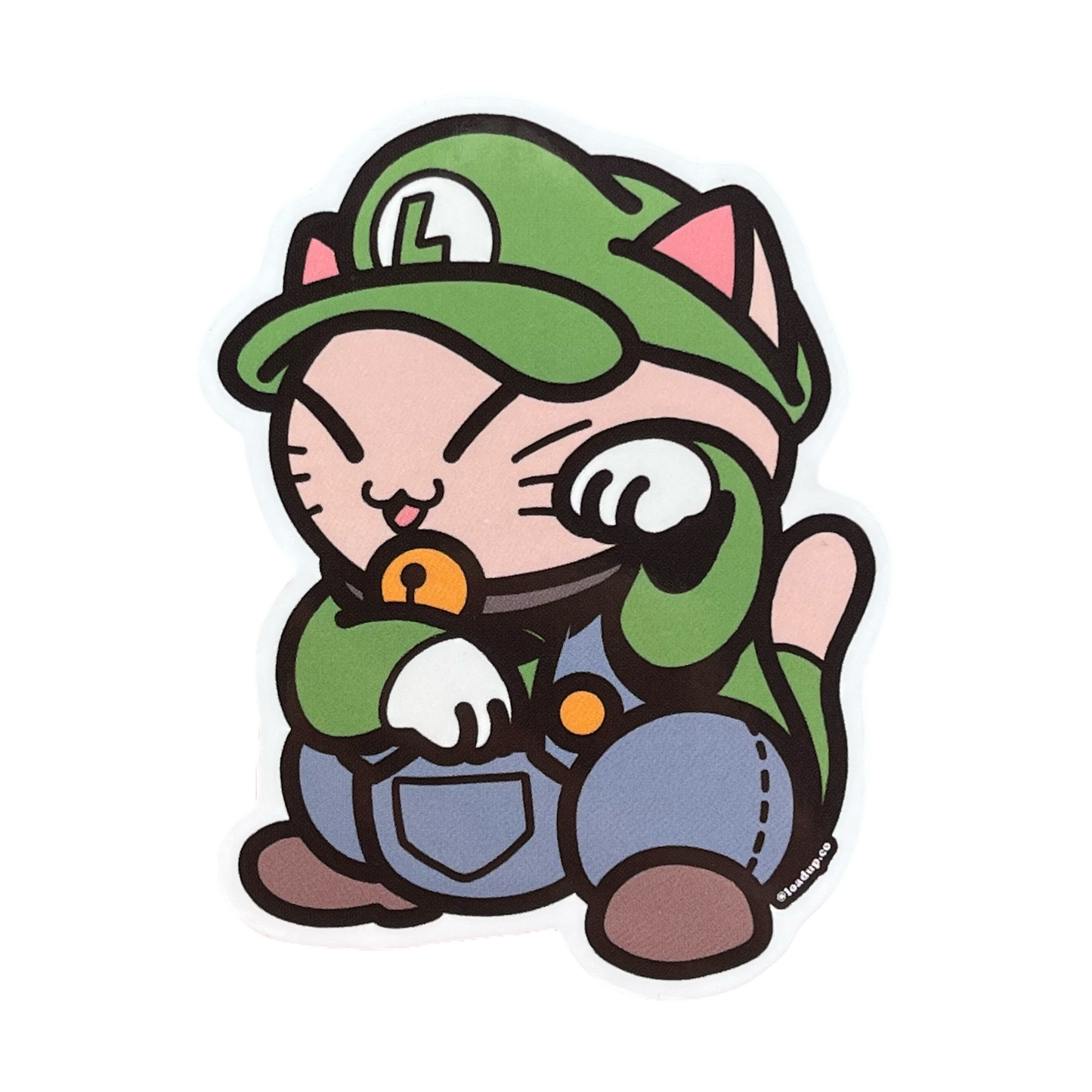 Neko 26 Sticker of a cartoon character wearing a green hat in a lucky cat maneki-neko pose.