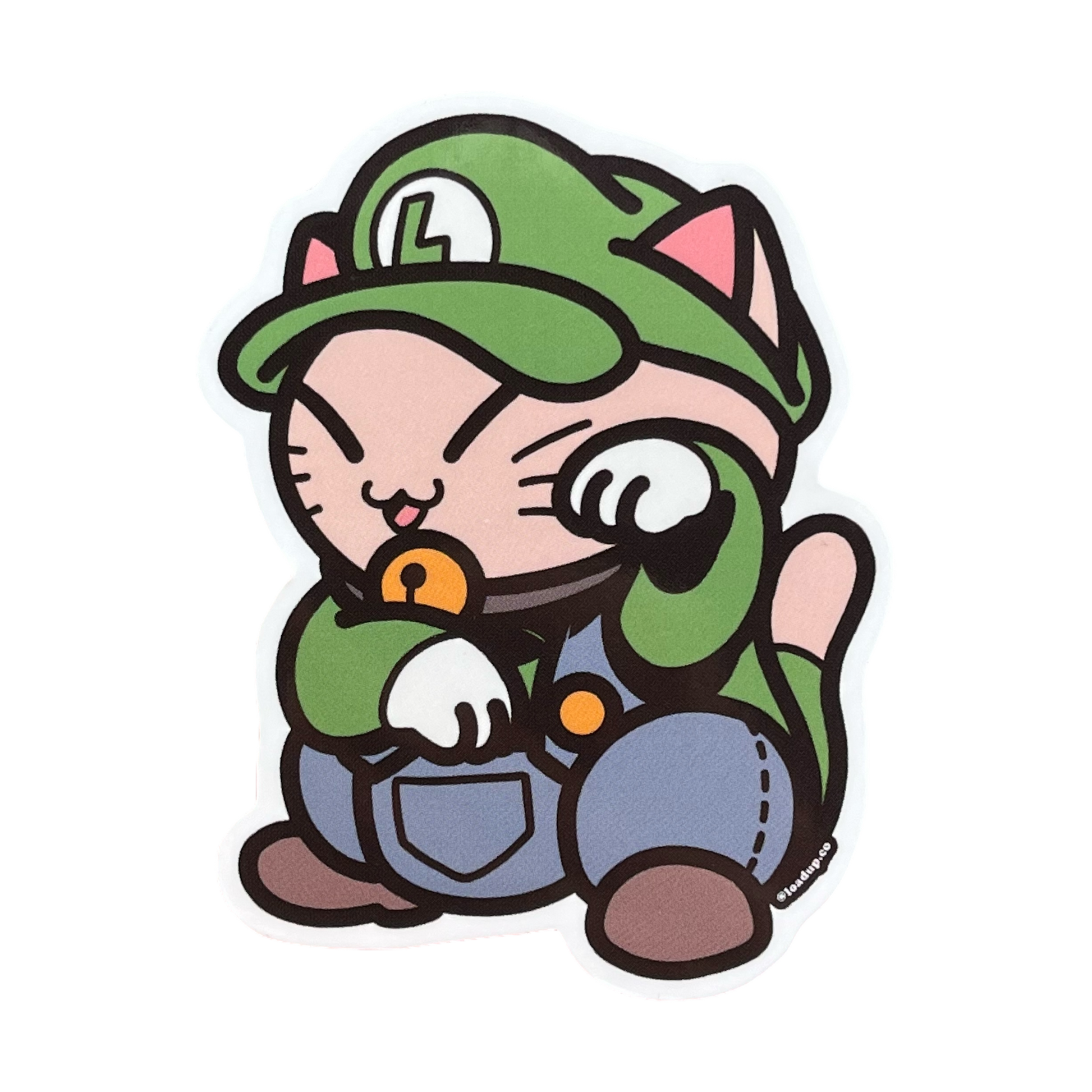 Neko 26 Sticker of a cartoon character wearing a green hat in a lucky cat maneki-neko pose.