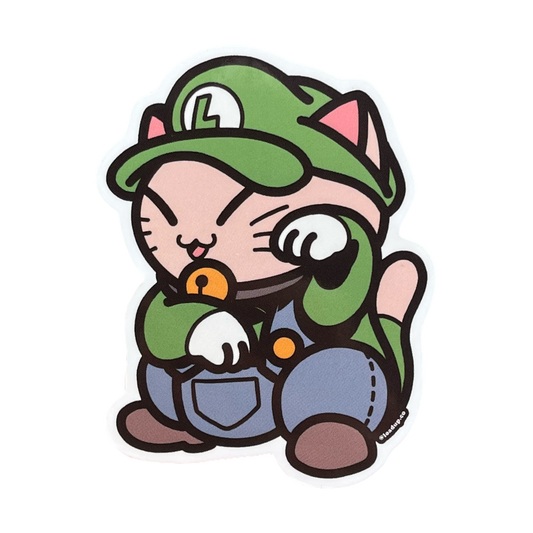 Neko 26 Sticker of a cartoon character wearing a green hat in a lucky cat maneki-neko pose.