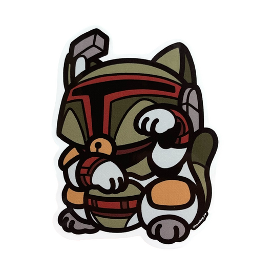 Neko 4 Sticker of a cartoon character in a metal suit in a lucky cat maneki-neko pose.