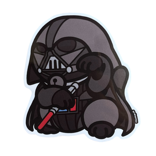 Neko 5 Sticker of a cartoon character wearing black clothes with a red saber in a lucky cat maneki-neko pose.