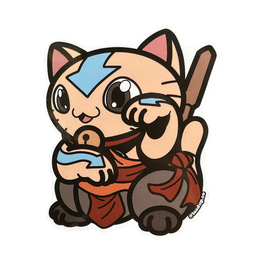 Neko Sticker of a cartoon character with blue arrow tattoos sitting in a lucky cat maneki-neko pose.