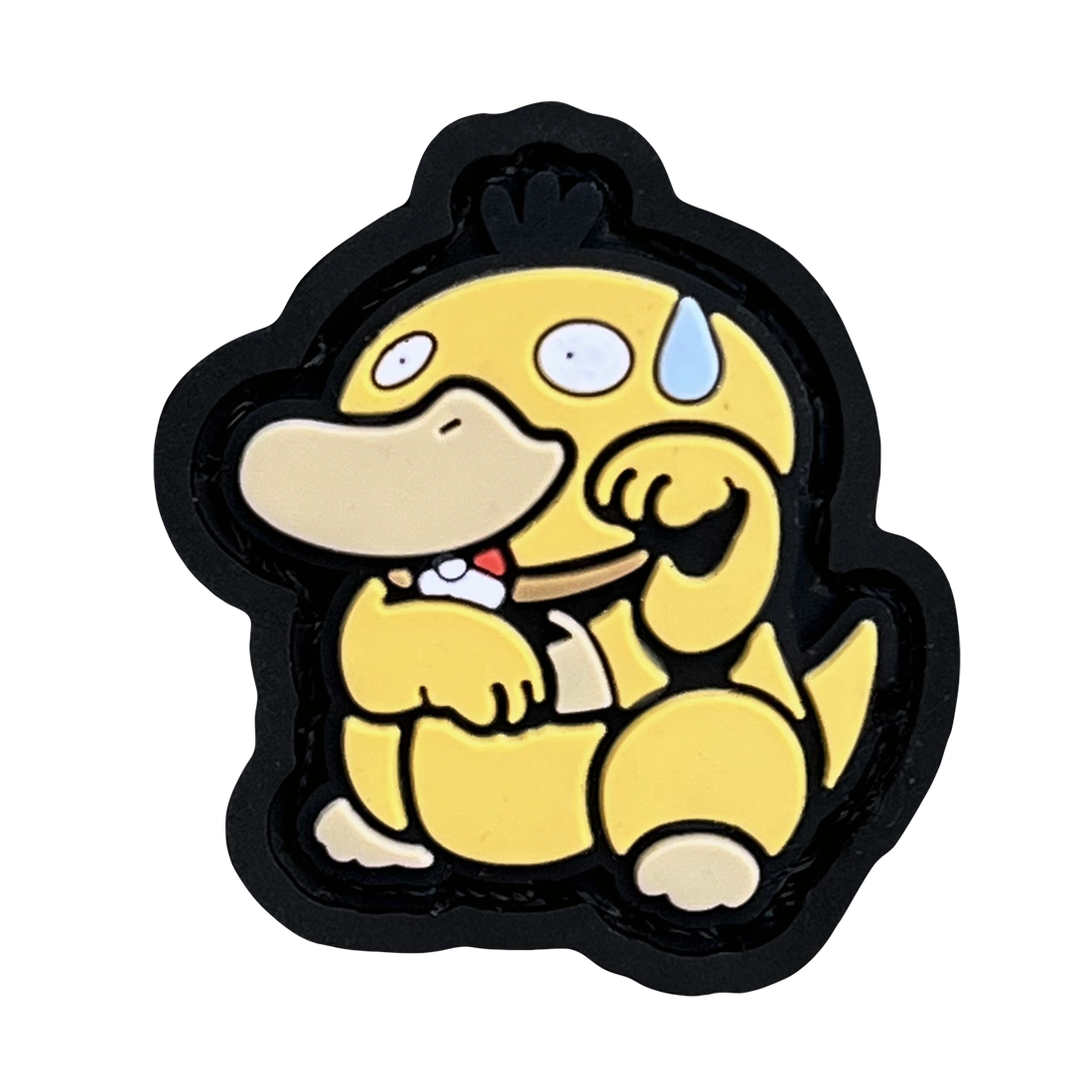 Nervous Duck Neko RE 2D PVC ranger eye patch featuring a yellow duck cartoon character with a sweat drop on its head in a lucky cat maneki neko pose.