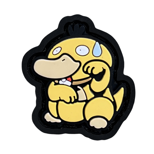Nervous Duck Neko RE 2D PVC ranger eye patch featuring a yellow duck cartoon character with a sweat drop on its head in a lucky cat maneki neko pose.