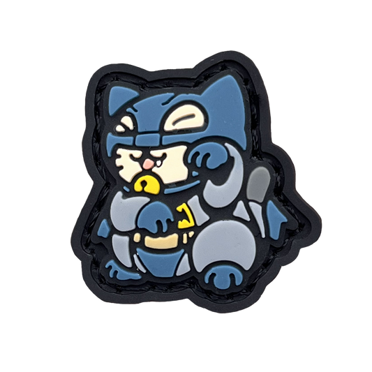 Night Guardian Neko RE PVC ranger eye morale patch of a superhero wearing a mask in a lucky cat maneki-neko pose.