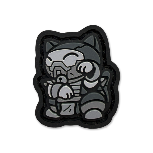 Noob Neko RE ranger eye PVC morale patch of a gray character in a lucky cat maneki neko pose