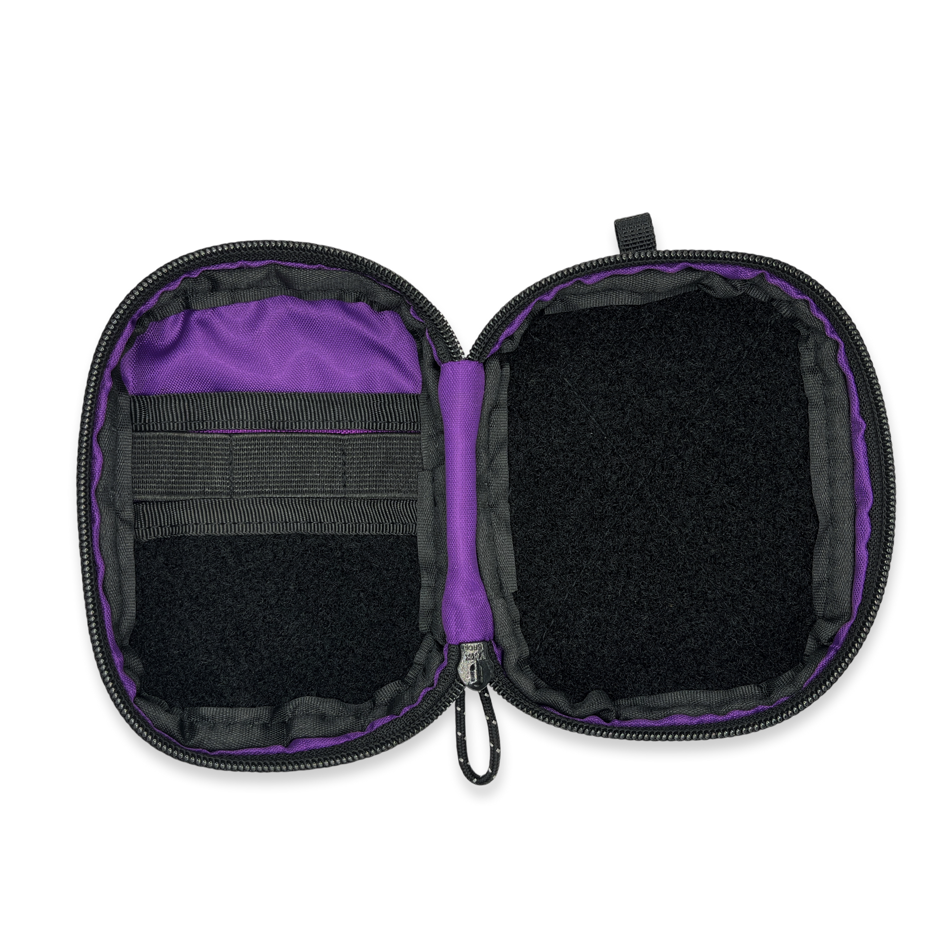 Black and purple zippered case on a white background