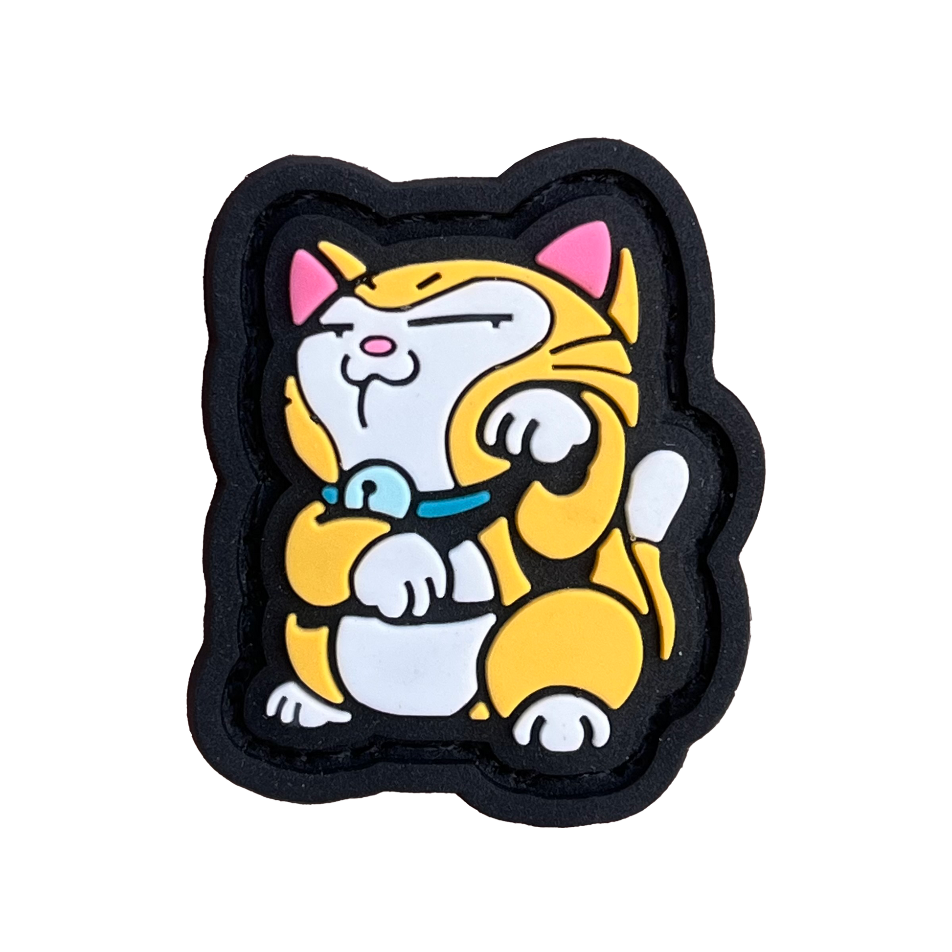 Original Neko RE PVC ranger eye morale patch of an orange cat sitting in a lucky cat maneki-neko pose.