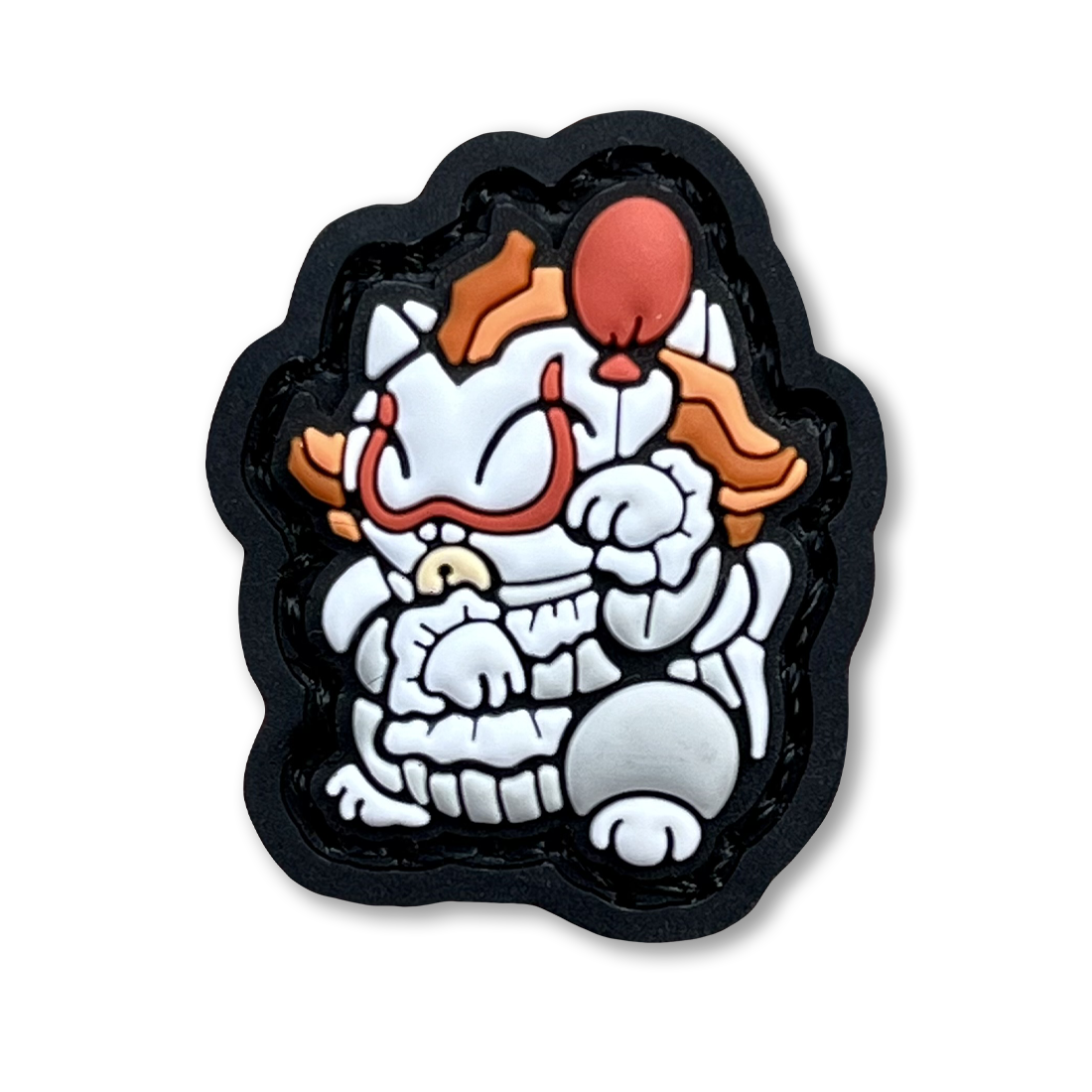 Pennywise Neko RE PVC ranger eye morale patch of a white and orange clown in a lucky cat maneki-neko pose.