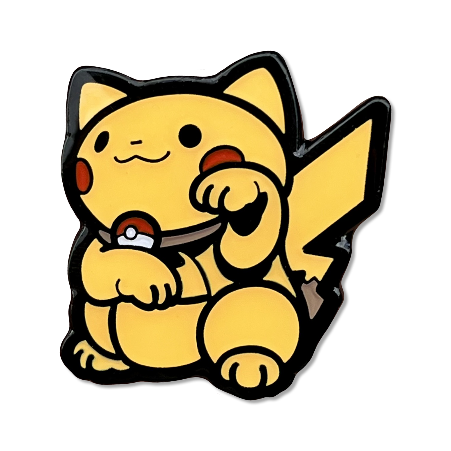 Pikachu Neko Pin enamel pin of a yellow cartoon rat character in a lucky cat maneko pose.