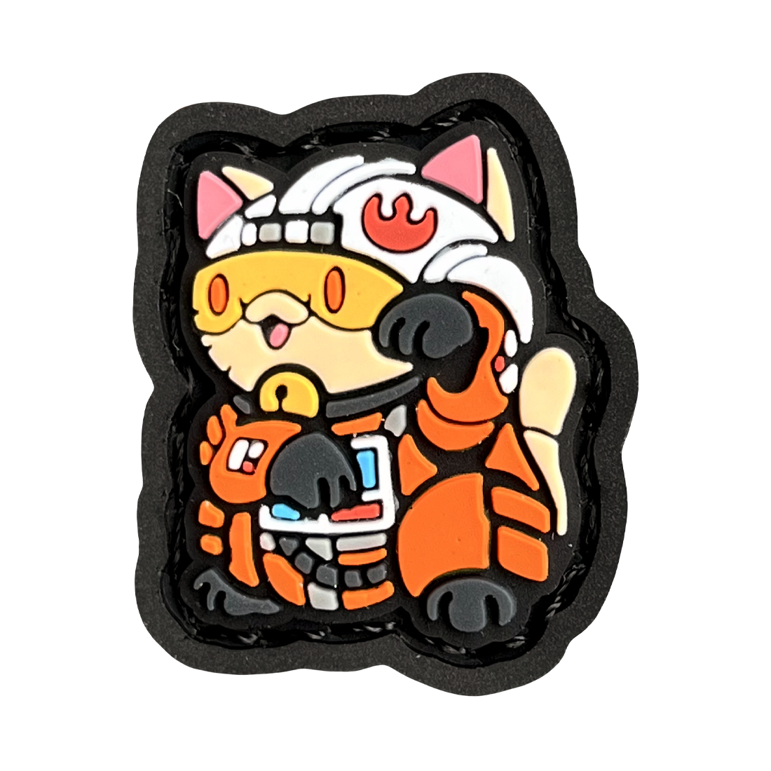 Pilot Neko RE 2D PVC ranger eye morale patch of a cartoon character wearing a white helmet with orange clothes standing in a lucky cat maneki neko pose.
