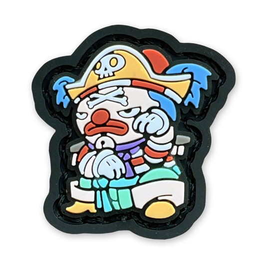 Pirate Clown Neko RE PVC ranger eye patch of a cartoon anime character  sad clown sitting in a lucky cat maneko pose.