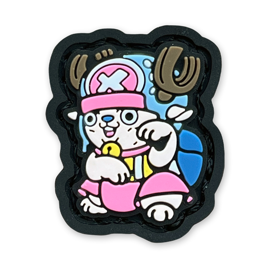 Pirate Doctor Neko RE PVC ranger eye patch of a cartoon anime character with a blue and pink outfit in a lucky cat maneko pose.